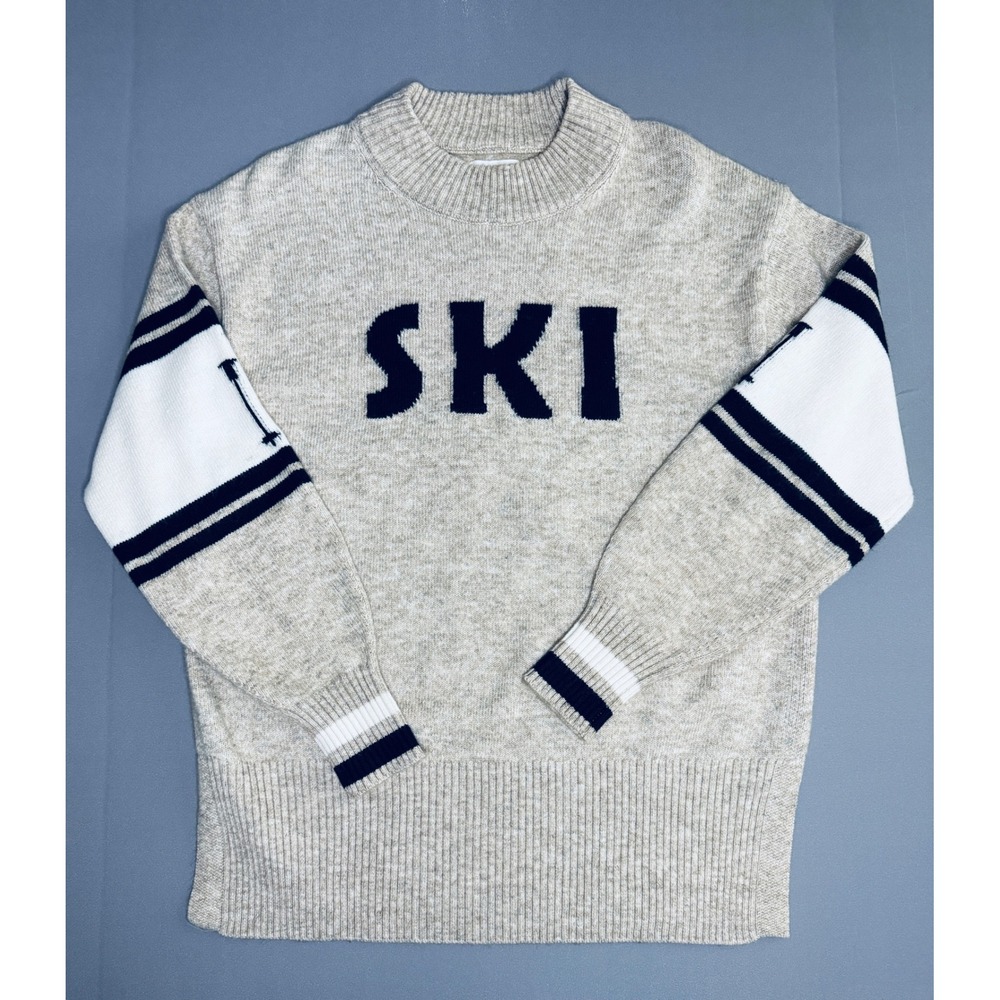 Lou & Grey Womens Small SKI Graphic Mock Neck Sweater Oatmeal Heather Marl